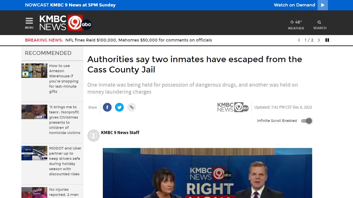 Cass County, Missouri, authorities say two jail inmates have escaped