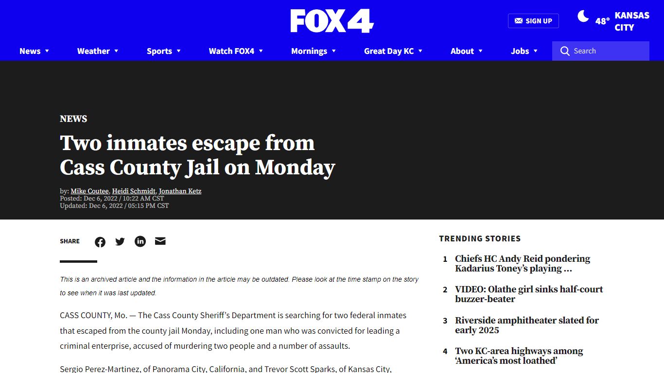 Two inmates escape from Cass County Jail on Monday